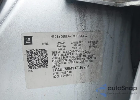 2018 Chevrolet Cruze Lt Auto z USA, uszkodzony, nr VIN 1G1BE5SM3J7197206